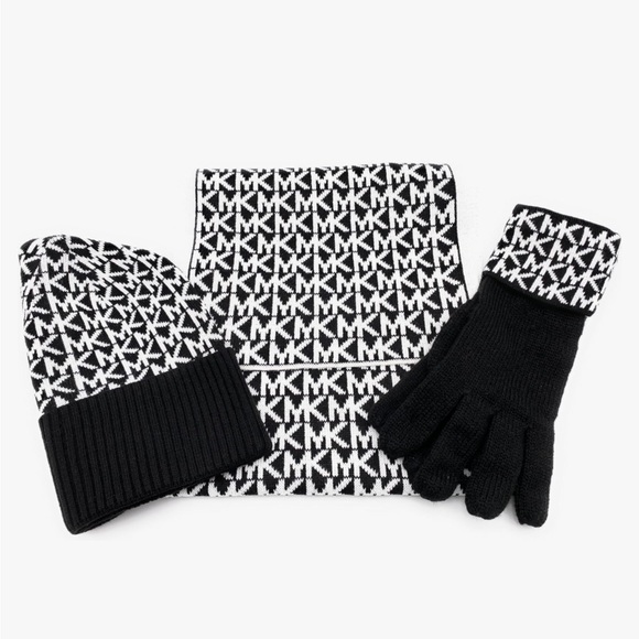 Michael Kors 3pc Black & White Logo Hat Scarf & Gloves Gift Boxed Set NWT - Picture 2 of 2